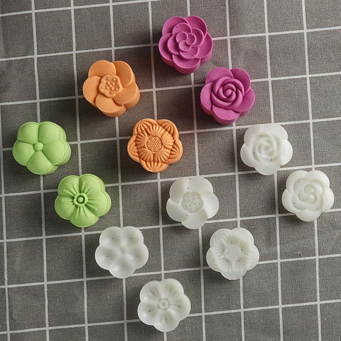 Moon Cake Mold Chinese Mid-autumn Festival Cookie Stamp Set, Thickness Adjustable 50g 6 Stamps Mooncake Shortbread Press DIY Decoration Hand Cutter Cake Mold