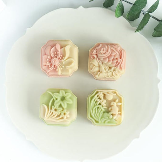 flower moon cake press mold, hand pressed mooncake dessert DIY, moon cake puff pastry 1 mold with 4 stamps for various holidays, parties (4 flower)