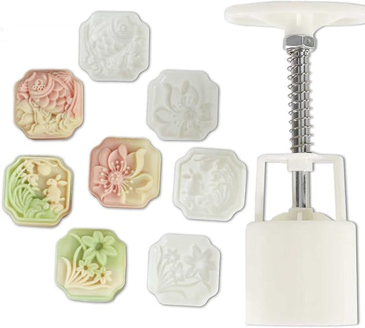 flower moon cake press mold, hand pressed mooncake dessert DIY, moon cake puff pastry 1 mold with 4 stamps for various holidays, parties (4 flower)