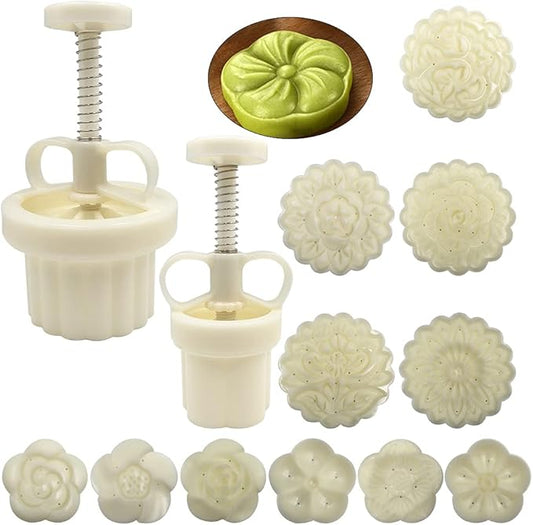 2 Set Mooncake Mould Press with 11 Stapms,  Cookie Cutter 50g 100g Flower Press Mooncake Mould Hand Pressure Mooncake Baking Tools