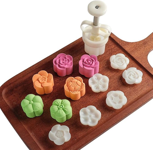 Moon Cake Mold Chinese Mid-autumn Festival Cookie Stamp Set, Thickness Adjustable 50g 6 Stamps Mooncake Shortbread Press DIY Decoration Hand Cutter Cake  Mold