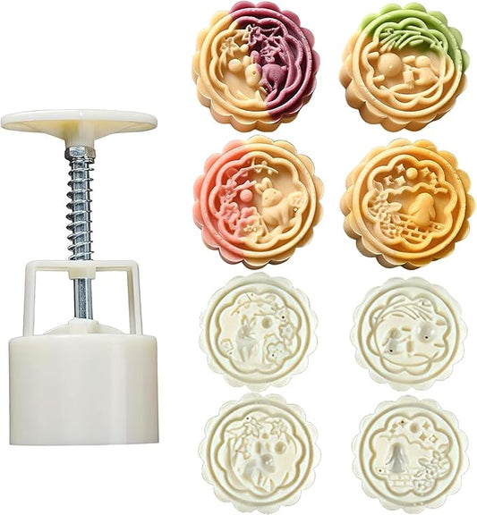 Moon Cake Mold Set 4pcs 50g Cookie Stamps Press Mid Autumn Festival DIY Hand Cookie Press Dessert Cutter Pastry Decoration Impressions Tool 1 Mold 4 Stamps